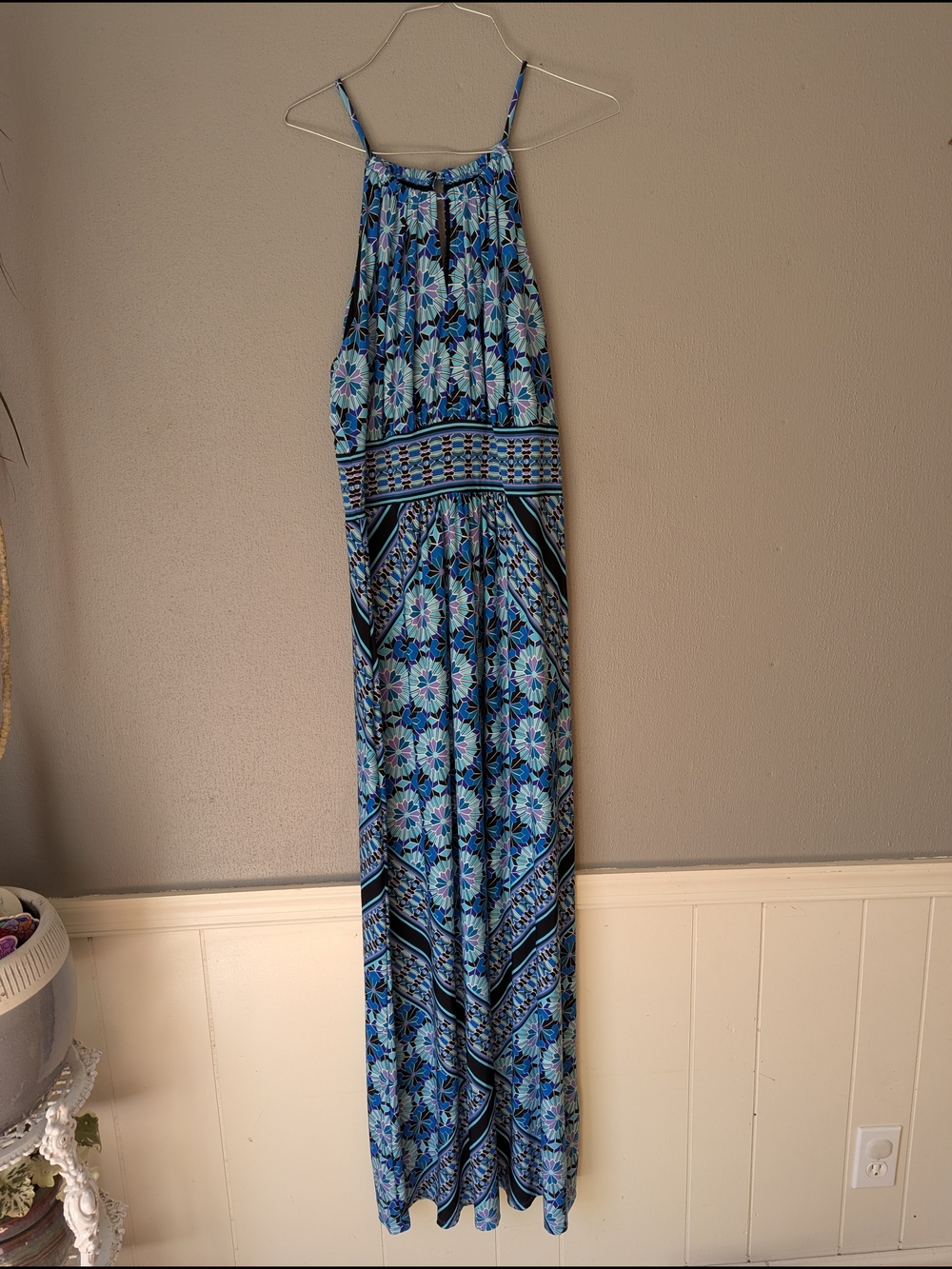 Colorful Blue Floral Halter Maxi Dress Xl